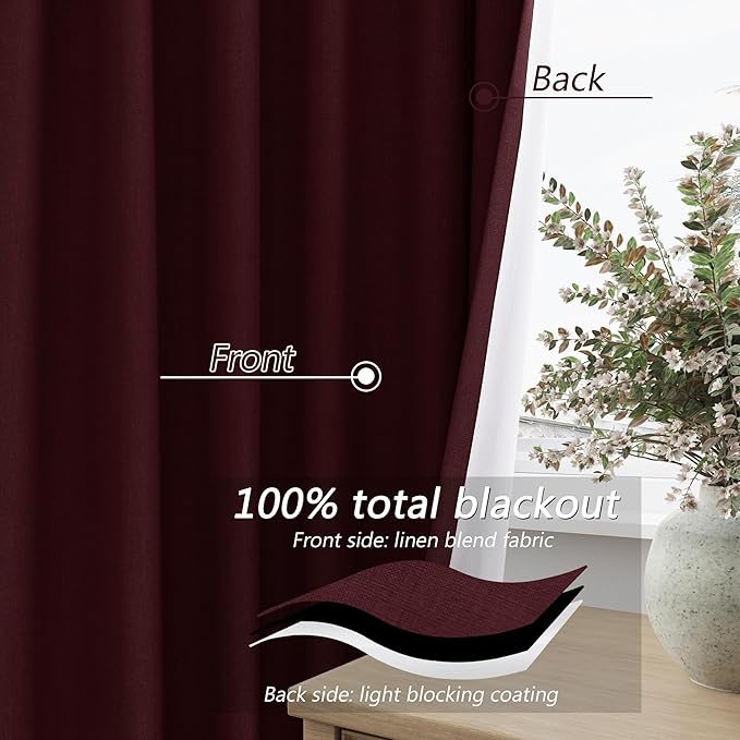 Guken 100% Blackout Curtains 100 Inch Length 2 Panels Set for Living Room Bedroom Back Tab Thermal Insulated Black Out Linen Drapes Room Darkening Window Curtains 100 Inches Long,Burgundy