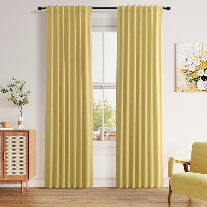 Guken Yellow 100% Blackout Curtains 84 Inch Length 2 Panels Set for Living Room Bedroom Back Tab Thermal Insulated Black Out Linen Drapes Room Darkening Window Curtains 84 Inches Long
