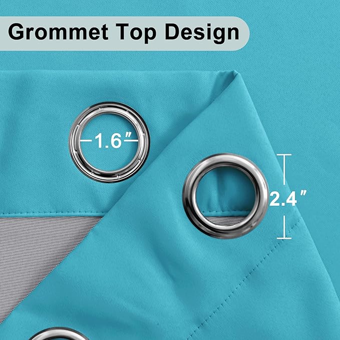 XWZO Full Shading Blackout Curtains with Tiebacks - Heat and Light Blocking Ring Top Window Drapes with Black Liner Backing for Bedroom/Kid's Room, Turquoise, W42 x L72, Set of 2 Panels