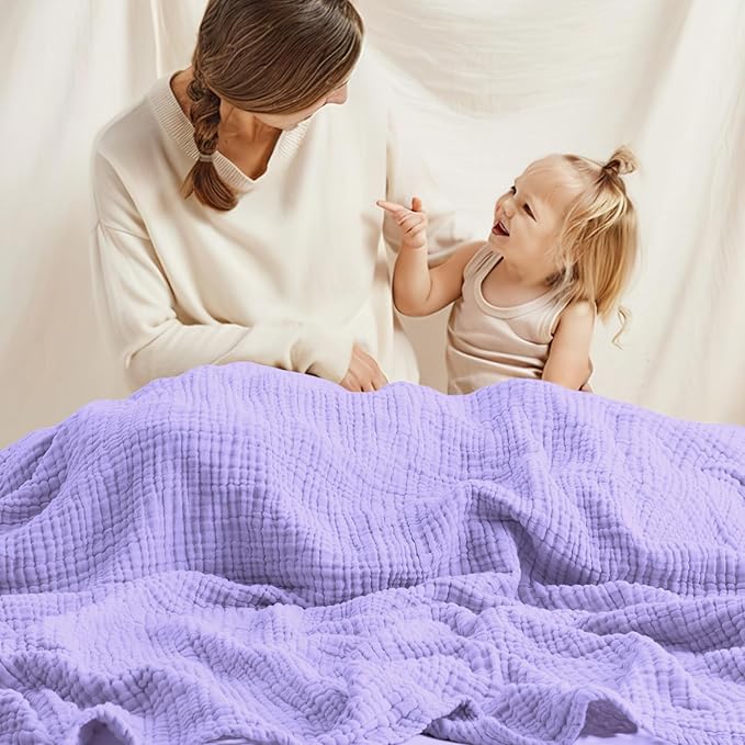 Carriediosa 100% Cotton Muslin Throw Blanket 50" X 70" Twin XL Size，4-Layers Summer Gauze Throws for Bed Couch，Soft Lightweight Breathable Linen Blankets Bedspread for Adults All Season，Light Purple