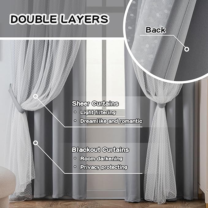 MYSKY HOME 70% Blackout Curtains for Girls Bedroom & Nursery Kids Grey Cute Curtains Double Layer with Polka Dots Sheer, Grommet Tops, 52x84 Inch Each Panel, 2 Panels