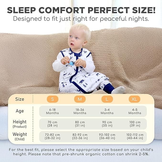 Toddler Sleep Sack with Feet, 0.5 TOG Organic Cotton Baby Sleeping Bag with Legs, Baby Wearable Blankets for Walkers w/ 2-Way Zipper, Baby Sleep Sack for Girls & Boys, Early Walker 6-18 Month