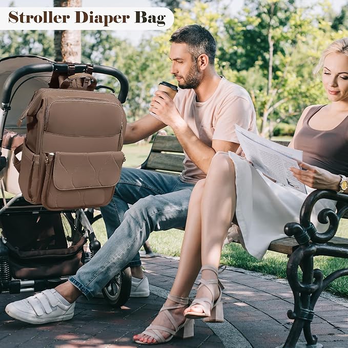 miss fong Diaper Bag Backpack - Baby Diaper Bag Travel Diaper Backpack with Diaper Changing Pad Large Capacity Baby Backpack with 12 Pockets for Mom & Dad -Brown