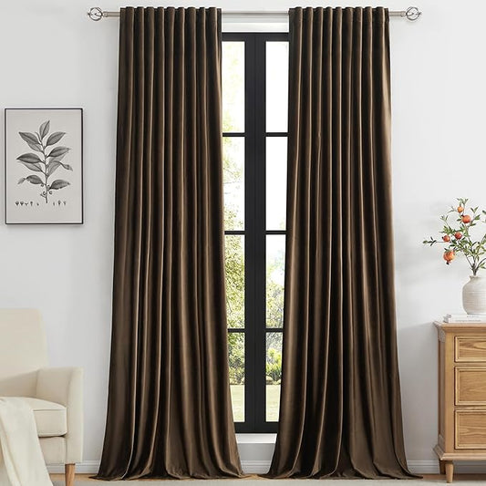 PRIMROSE Brown Velvet Curtains 90 inch Long for Living Room,Set of 2 Panels Blackout Rod Pocket Back Tab Window Treatment Room Darkening Heavy Decorative Curtains Drapes for Bedroom