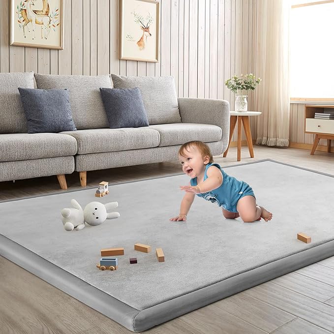 Baby Play Mat for Floor Tummy Time Mat Nursery Muscle Area Rug Playroom Rug Tatami 47"x47" Memory Foam 1.3" Thick Crawling For Babies,Toddlers, Infants, Kids,Floor(Light Gray)