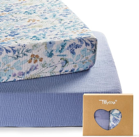 TILLYOU 2 Pack Muslin Crib Sheets for Boys and Girls, 100% Cotton Fitted Crib Sheet for Toddler 52"x28" Standard Crib Mattress, Blue Flower