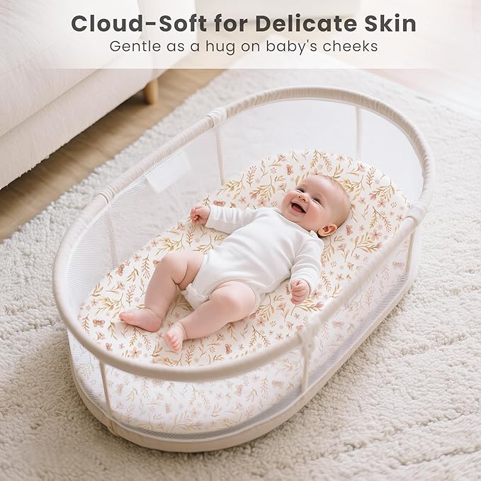 Konssy 3 Pack Stretchy Bassinet Sheets for Baby Girl Boy, Soft Breathable Baby Bassinet Mattress Sheets Fit for Hourglass Oval Cradle, Moses Basket Rectangle Mattress (Pink Spring)
