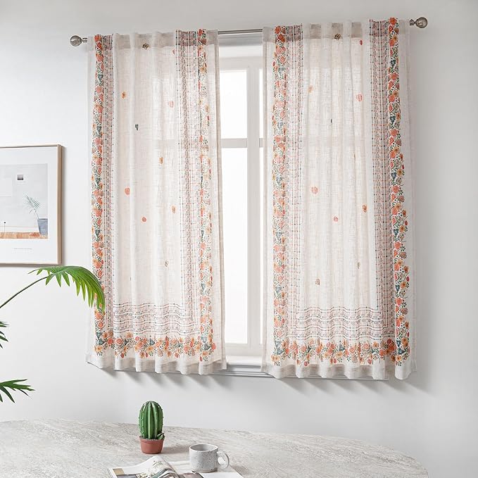 MYSKY HOME Boho Curtains for Living Room Semi Sheer Floral Curtains & Drapes 72 inches Length 2 Panels Farmhouse Room Decor Style Back Tab for Dining Room, Yellow, 50" x 72", Pack-2