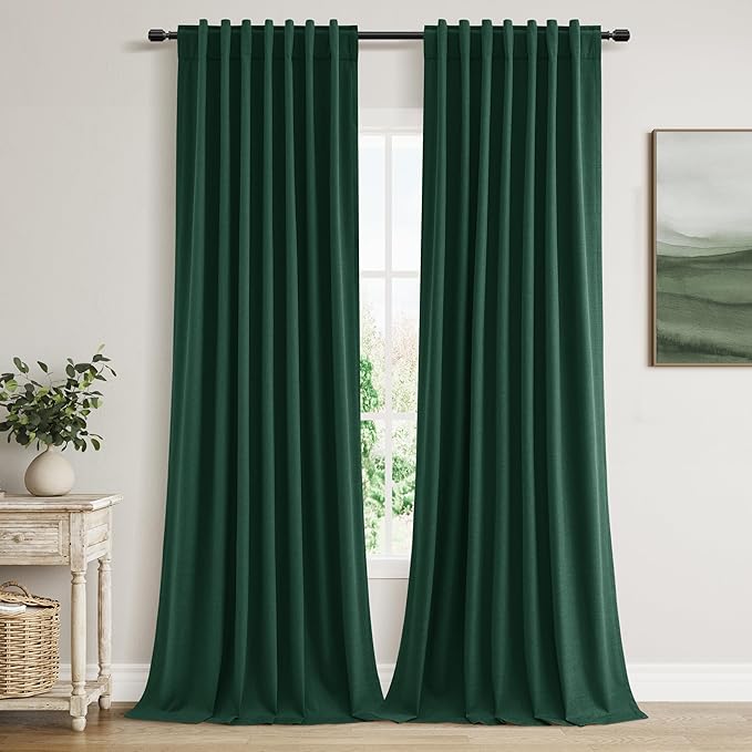 Guken Dark Green 100% Blackout Curtains 108 Inch Length 2 Panels Set for Living Room Bedroom Back Tab Thermal Insulated Black Out Linen Drapes Decor，52x108