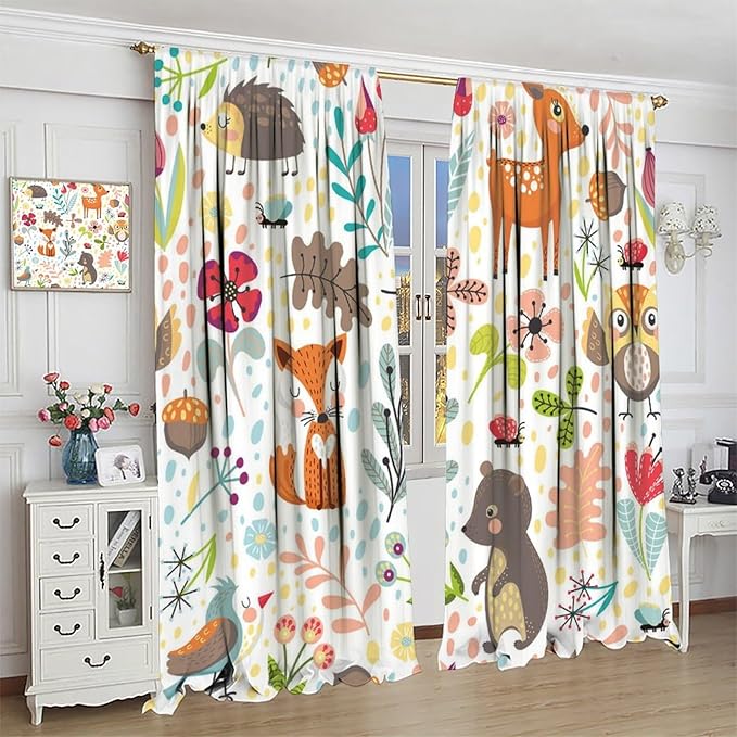Forest Animals Kids Curtains, Watercolor Wild Rustic Bear Fox Deer Children Cartoon Window Treatments for Living Room, Watercolor Blackout Drapes 2 Panel Sets,72x63 Inch