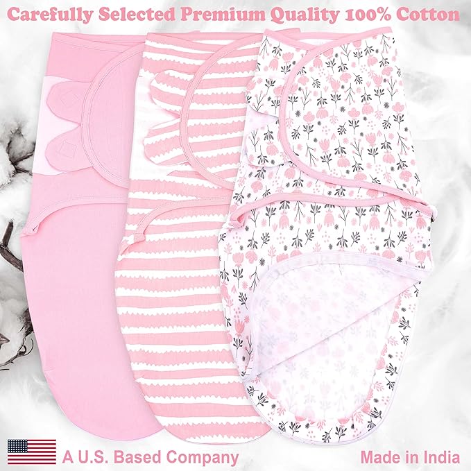 Bublo Baby Organic Swaddles for Newborns – Zipper Swaddles 0-3 Months, 3-Pack – Infant Sleep Sack with Zipper – Adjustable & Breathable Swaddle Blanket Wrap for Newborn Girls, Pink Flowers