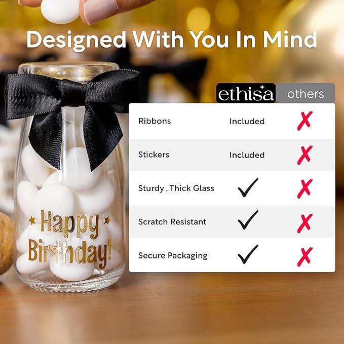 Ethisa Vintage 12 Pack Adult Birthday Party Favors Glass Bottles with Ribbons and Stickers - Classy Happy Birthday Favors and Table Centerpieces Decorations - Sturdy Candy Jar for Guests and Kids