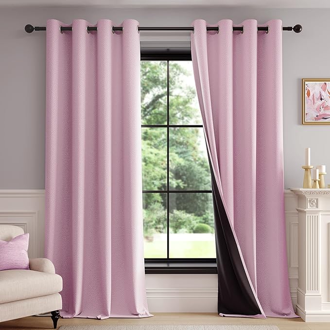 FMFUNCTEX 100% Blackout Curtains for Bedroom, Blush Pink Curtains 63 Inch Length Textured Thermal Insulated Curtains for Girls Room Drapes, Black Out Drapery Grommet Living Room Darkening 2 Panels