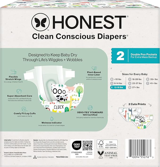The Honest Company Comfort Dry Disposable Diapers for Sensitive Skin, Hypoallergenic, Fragrance-Free, Multi-Colored Giraffes + Barnyard Babies, Club Box, Size 2 (12-18 lbs), 72 Count