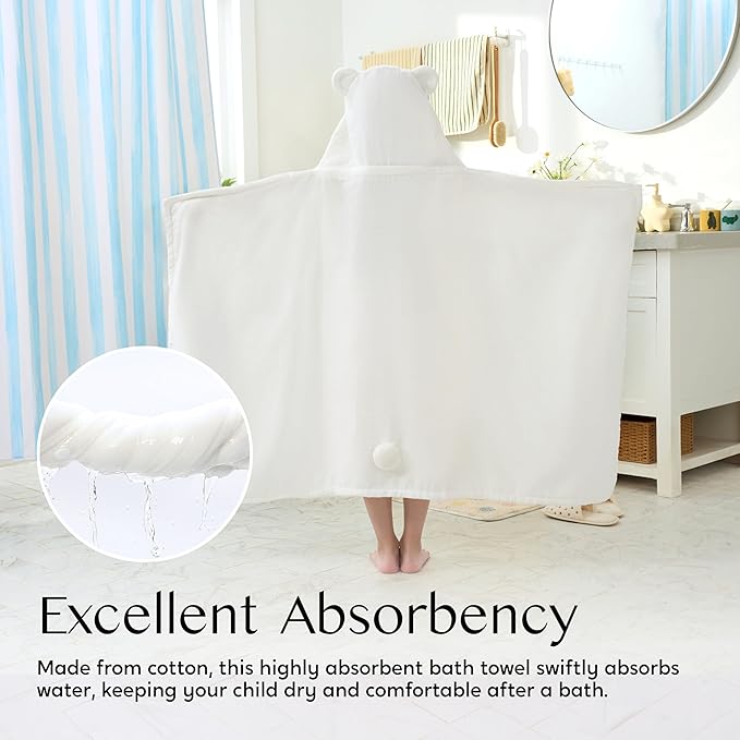 Joiedomi Hooded Towel for Kids Soft 100% Cotton Bath Beach Towel 30" x 50" for Kids 3-10 Years Toddler Pool Poncho with Hood Absorbent Swim Wrap for Boys Girls White Bear