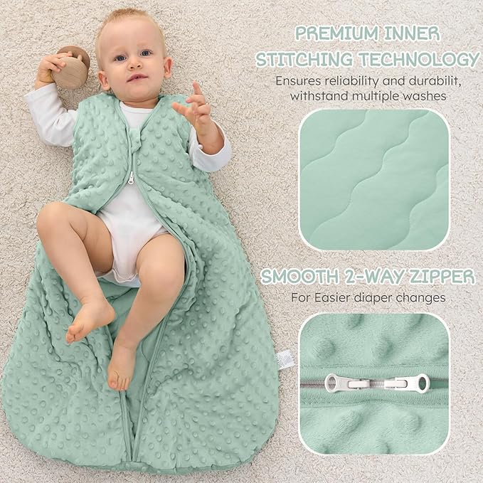 FILLEEP Fleece Baby Sleep Sack 12-18 Months with Plush Dots, Winter Baby Wearable Blanket for Infant Toddler Sleeping Sack 2-Way Zipper Warm Sleepsack, Green