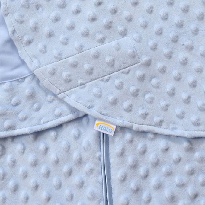 HALO Sleepsack Swaddle Plush Dot Velboa, 3-Way Adjustable Swaddle Blanket, TOG 3.0 for Cool Climates, Blue, Newborn, 0-3 Months