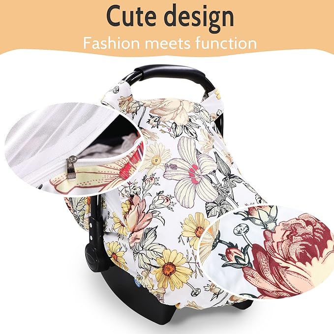 Floral Baby Car Seat Cover for Girl,Infant Carseat Canopy Sun Cover，Baby Carrier Cover with Zipped Peep Windows and Breathable Mesh, Stretchy 3in1Multi-use Stroller Cover
