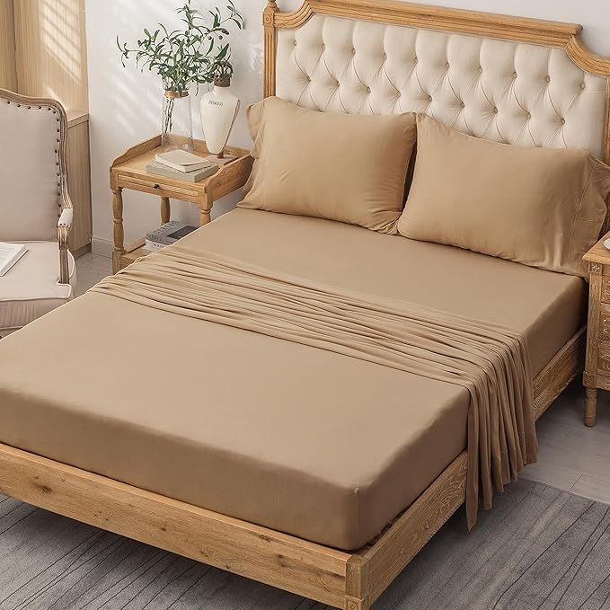 PURE ERA Jersey Knit 4pc Bed Sheet Set 100% T-Shirt Cotton Super Soft Comfy Breathable Fits Mattress Up to 20" Extra Deep Pocket (Solid Toffee Brown, Twin)