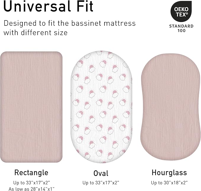 Muslin Bassinet Fitted Sheets, 2 Pack for Baby Boy and Girl, Soft Breathable Baby Pad/Mattress Sheet, Fit for Hourglass Oval and Rectangle Bassinet Mattress (Pink Cloud)