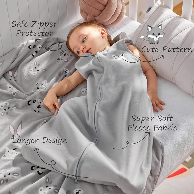 DaysU Micro Fleece Baby Sleep Sack 12-18 Months, 1.0 TOG Baby Sleeveless Wearable Blanket with 2-Way Zipper, Sleeping Bag for Baby Unisex, 1 Pack, Light Grey Fox