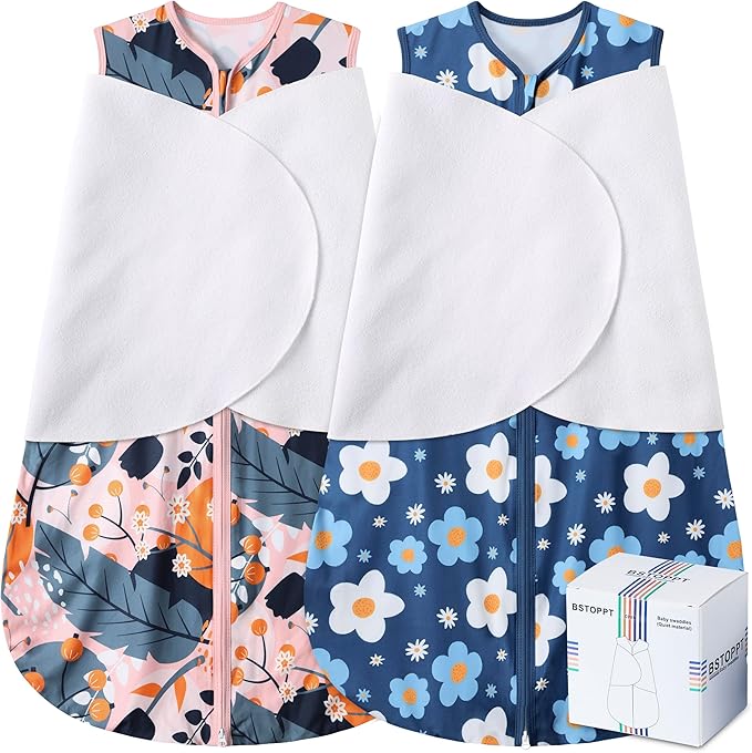 BSTOPPT Newborn Sleep Sack Baby Swaddle,3-Way Adjustable Wearable Blanket,100% Rayon Cotton Swaddling Sleeping Bag，TOG 0.5 (Gerbera & Tulips, 3-6 Months)