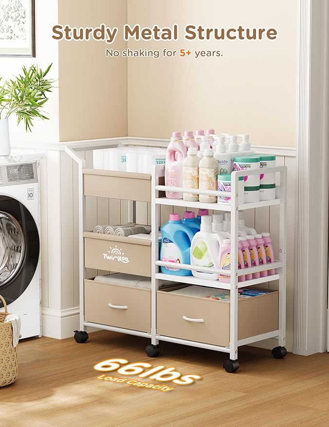 Baby Diaper Caddy Organizer, 3 Tier Rolling Storage Cart with Dividers and Drawers, Bedside Utility Cart for Nursery Essentials, Large Capacity Mobile Storage Cart for Crib, Bedroom