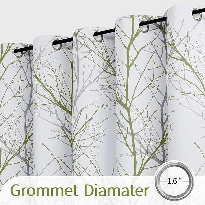 FMFUNCTEX 100% Blackout Patio Sliding Glass Door Curtains 84 Inch Long for Bedroom, Green Grey on White Tree Branch Patterned Drapes for Living Room Divider, Extra Wide Thermal Insulated Panels