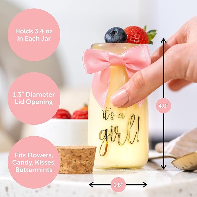 Ethisa 96 Pack Vintage Milk Glass Bottles - Girl Baby Shower Favors and Table Centerpieces - Sturdy Candy Jars