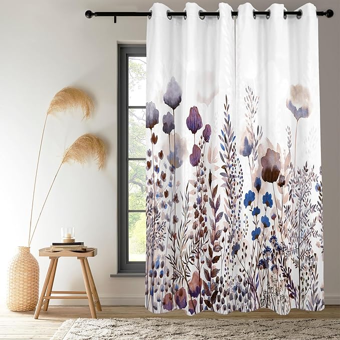 Renaiss Wild Flowers Blackout Curtains, Pastel Botanical Floral Print Thermal Insulated Bedroom Window Curtains, Nature Plants Window Curtains for Kitchen, 55" L x 29" W 2 Panel Set