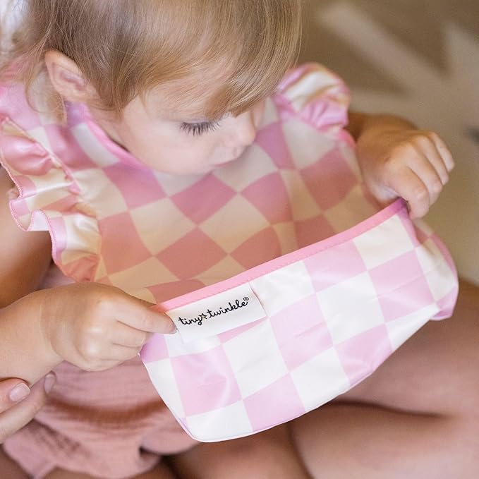 Tiny Twinkle Mess-Proof Baby Bibs for Eating | Waterproof, Wipeable Toddler Bibs with Catch-All Pocket | Feeding Bibs for Girls & Boys(3 Pack,Checkers Girl)