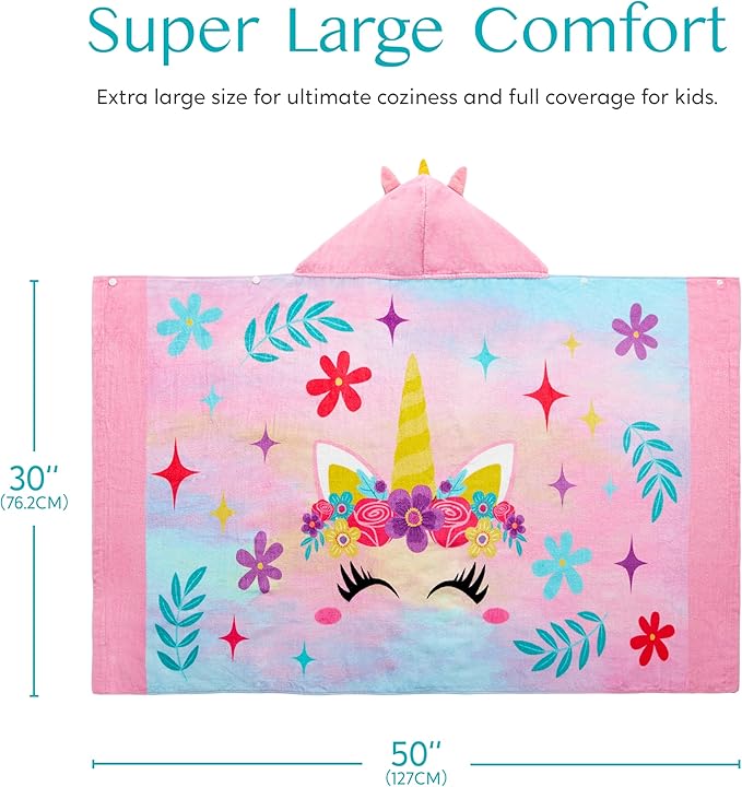 Joiedomi Unicorn Hooded Towels for Kids Soft 100% Cotton Kids Beach Towel 30" x 50" for 3-10 Years Boy Girl Beach Hooded Poncho Absorbent Pool Toddler Swim Bath Wrap