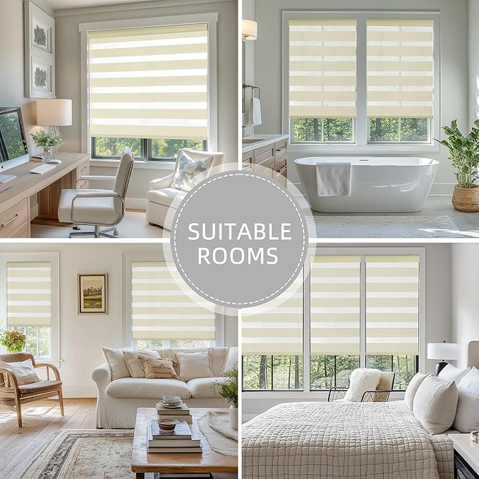 ChrisDowa Cordless Zebra Blinds for Windows, Dual Layer Free-Stop Light Filtering Window Roller Shades, Pull Down Privacy Zebra Shades for Home, Office, Bedroom, Door (34" W x 72" H, Beige)