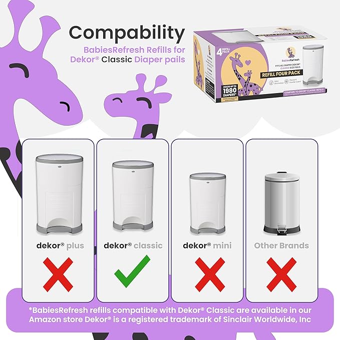 BabiesRefresh Refills Compatible with DEKOR CLASSIC Diaper Pail Refills | 4 Pack | Diaper Pail Odor Eliminator| Fresh Powder Scent | Each Diaper Bag Refill Holds up to 1980 Diapers | Diaper bin refill