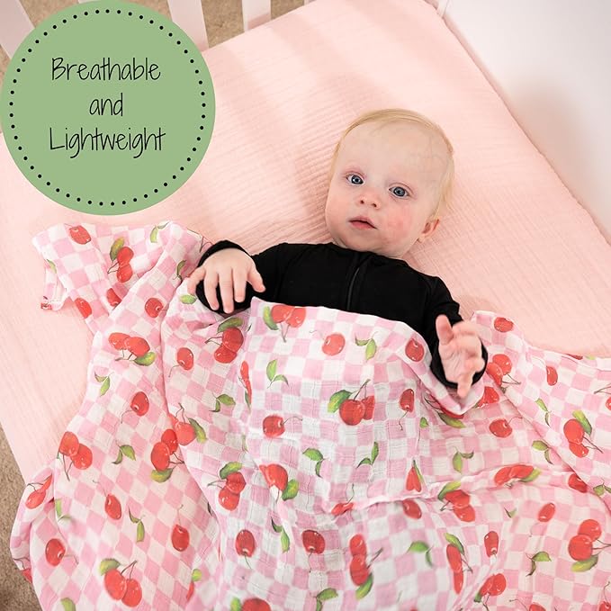 LollyBanks 100% Cotton Baby Swaddle Blanket for Baby Girls, Gentle and Soft Muslin Swaddle, Lightweight 47 x 47 Inches Swaddling Blankets for Newborn, Baby Girl Newborn Essentials (Cherry Print)