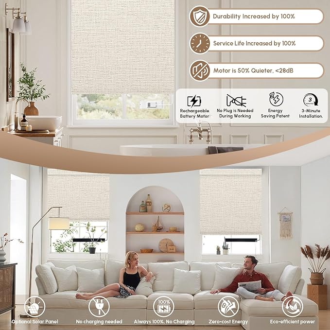 Kincmo No Drill Motorized Blinds with Remote, 100% Blackout Roller Shades for Windows, Custom Electric Blinds Compatible with Alexa, Apple Homekit, Google Home (100% Blackout Classic Warm)