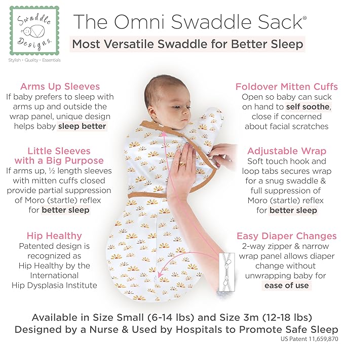 SwaddleDesigns 6-Way Omni Swaddle Sack Arms Up Swaddle for Newborn, More Options to Calm Moro Reflex, Improves Sleep, Easy Transition Baby Sleep Sack, Small, 0-3 Mo, 6-12 lbs, Watercolor Sunny Days