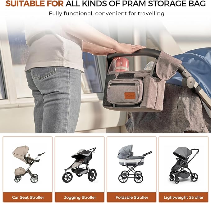 Stroller Organizer with Cup Holder Detachable Wristlet Large Capacity Baby Stroller Bag for Mom, Fits Uppababy, Baby Jogger, Britax, BOB, More (Grey)