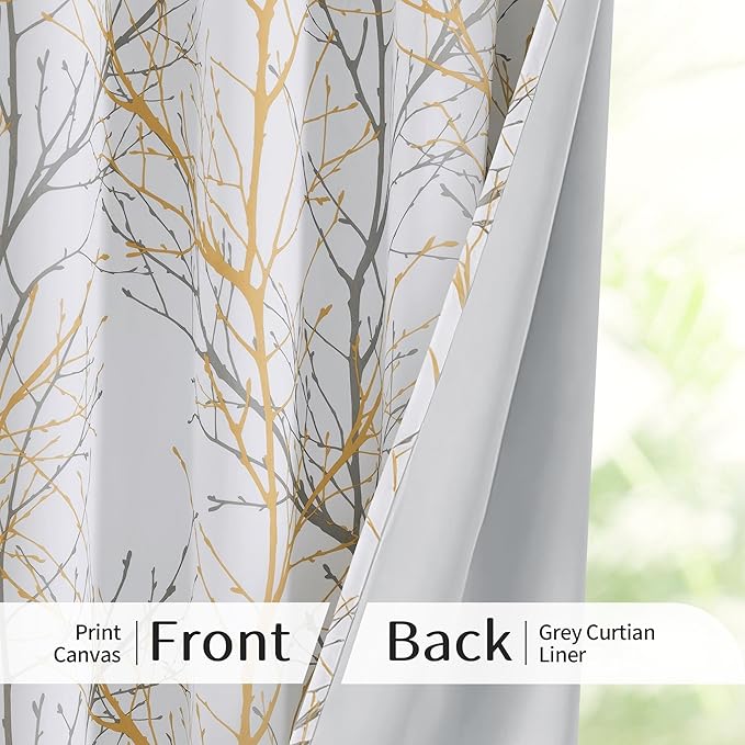 FMFUNCTEX 100% Blackout Curtains Yellow White Tree Liner Curtains for Bedroom, Branch Partterned Curtains 63 inch Length for Living Room, Room Darkening Thermal Insulated Drapes, Grommet Top 2 Panels
