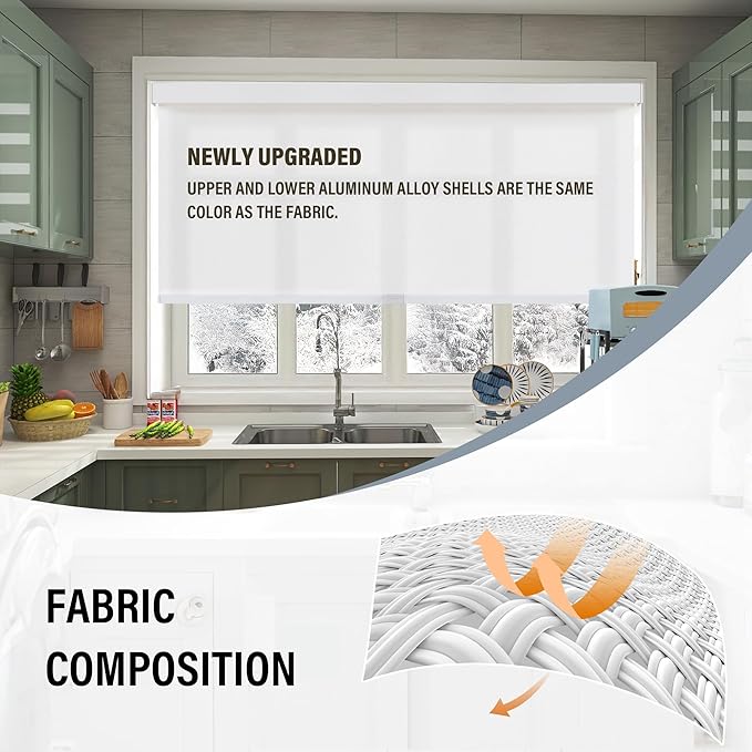 AOSKY Light Filtering Roller Shades Cordless Blinds for Windows, 1% Openness Free-Stop Shades with Valance, Thermal Insulated Fabric, UV Protection, Natural Woven Blinds（45" W x 72" H, White）
