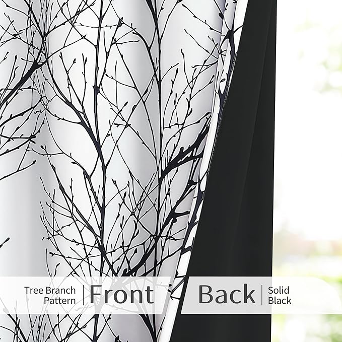 FMFUNCTEX 100% Blackout Patio Sliding Glass Door Curtains 96 Inch Long for Bedroom, Black on White Tree Branch Patterned Drapes for Living Room Divider, Extra Wide Thermal Insulated Panels, Grommet