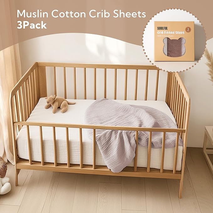 SOULFUL Muslin Crib Sheets for Boys Girls, 3 Pack Soft and Breathable Cotton Fitted Crib Sheets for Standard Crib Mattress (28"x 52", Light Tan & Brown & Mist Pink)