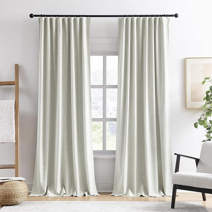 Linen Blend Blackout Curtains 120 Inch Long 2 Panels Set,Rod Pocket Back Tab Farmhouse Track System Curtains for Living Room 10 FT Length Extra Long Light Blocking Pleated Window Drapes,Natural