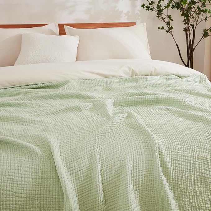 EMME Cotton Muslin King Blanket Bed Layering Breathable Gauze Blanket Soft Lightweight Blankets Adults (Mint Green, 108"x90")
