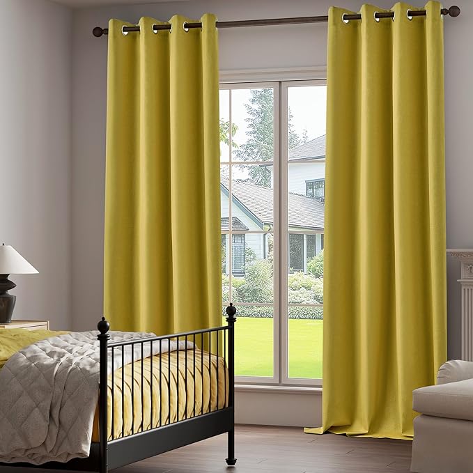 Light Weight Curtains 100% Blackout Linen Textured Curtains 96 Inch Length for Living Room, Bedroom, Full Blackout Curtains with Grommets Top, Gold, 37" W x 96" L, 2 Panels
