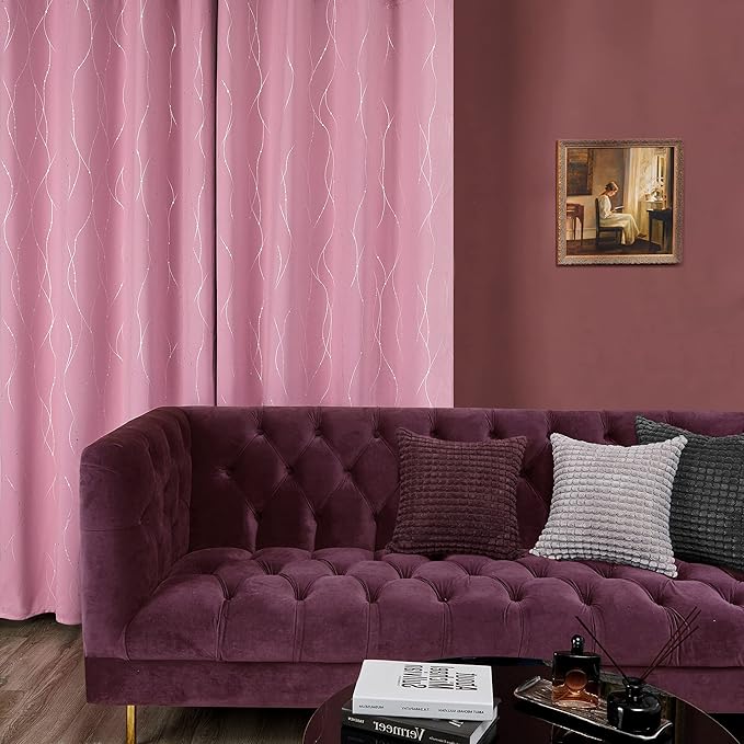 Deconovo Short Blackout Curtain, Pink Curtain, Thermal Insulated Soundproof Grommet Drapes, Wave Line Dot Foil Print, 38 x 45 Inch, 2 Panels, Machine‑Washable Window Panel for Small Windows Kitchne