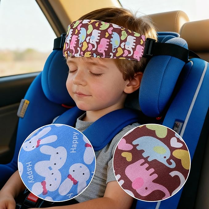 Forest Animal Baby Head Support Strap, 2-Pack Cotton Car Seat Neck Band with Elephant & Bunny Design, Coffee & Blue, 8.4x4x1.1 Inch, Machine Washable