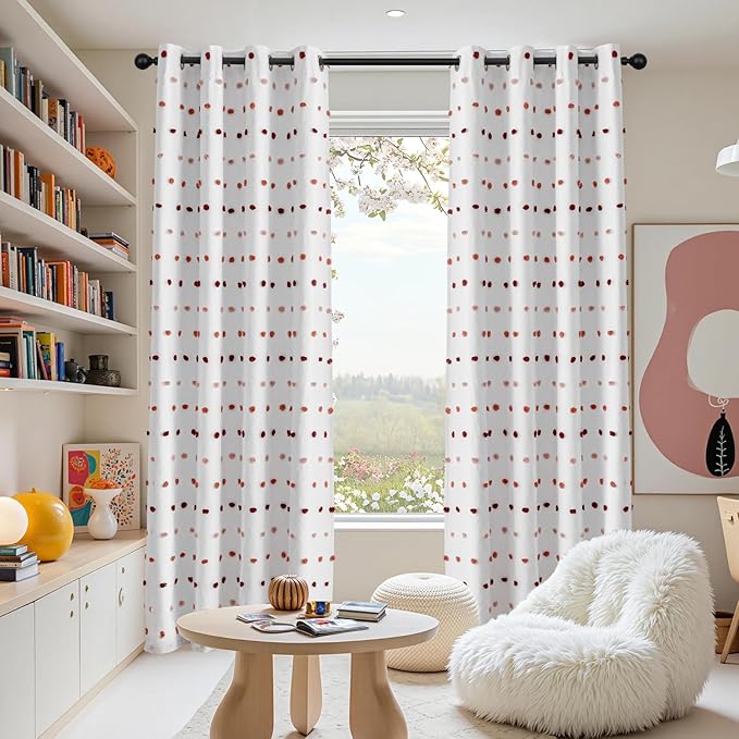 MEETSKY 100% Blackout Curtains for Girls Bedroom 95 Inch Long Light Blocking Thermal Curtains for Living Room 2 Panels Room Darkening Grommet Double Layer Drapes with Red Pom Pom 52W x 95L