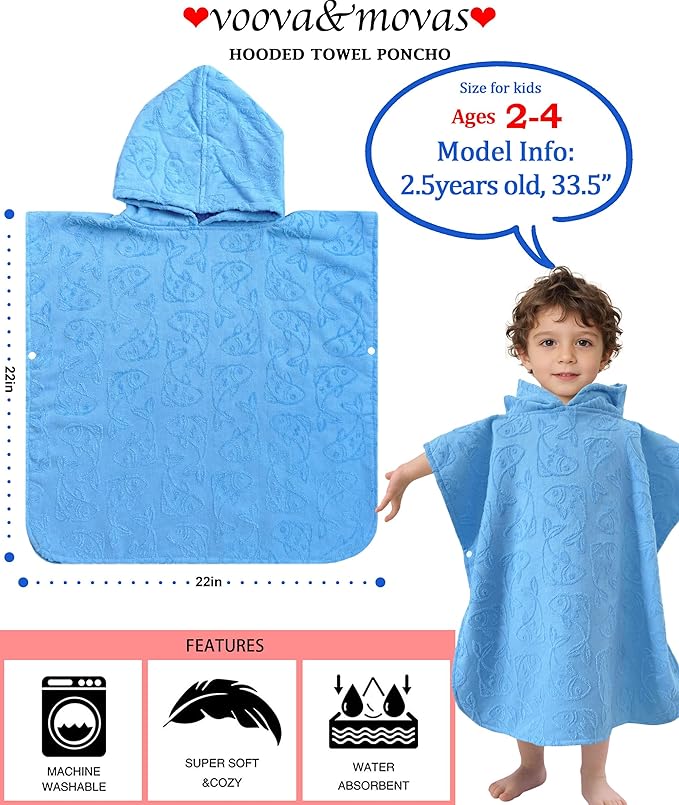 Toddler Bath Towels with Hood, Oversized (2-4Years,22"X22") Made from 100% Soft Cotton,Absorbent Hooded Poncho Towel for Baby Boy,Perfect for Pool | Swimming | Bath | Beach,Jacquard Blue Fish