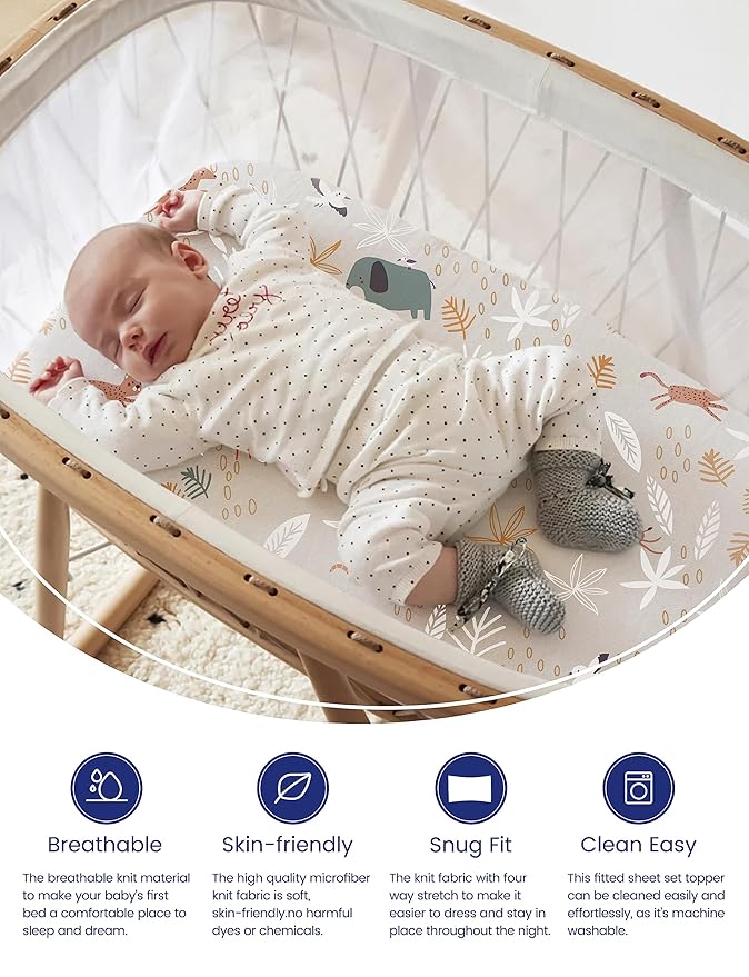 TotAha Jungle Animal Cradle Sheets Fitted 18 x 36, Buttery Soft Bassinet Fitted Sheets 2 Pack Universal for Oval, Rectangle Hourglass Bassinet Mattress
